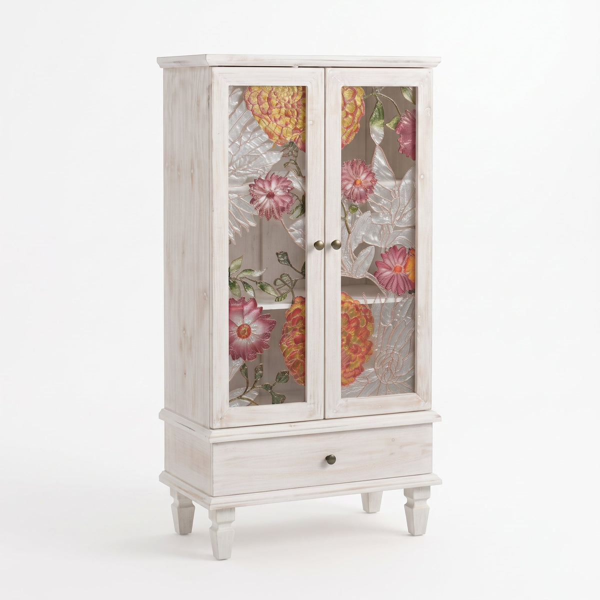 French Country Accent Cabinet with 2 Glass Doors and Drawers - White Antique, photo 9 of 10