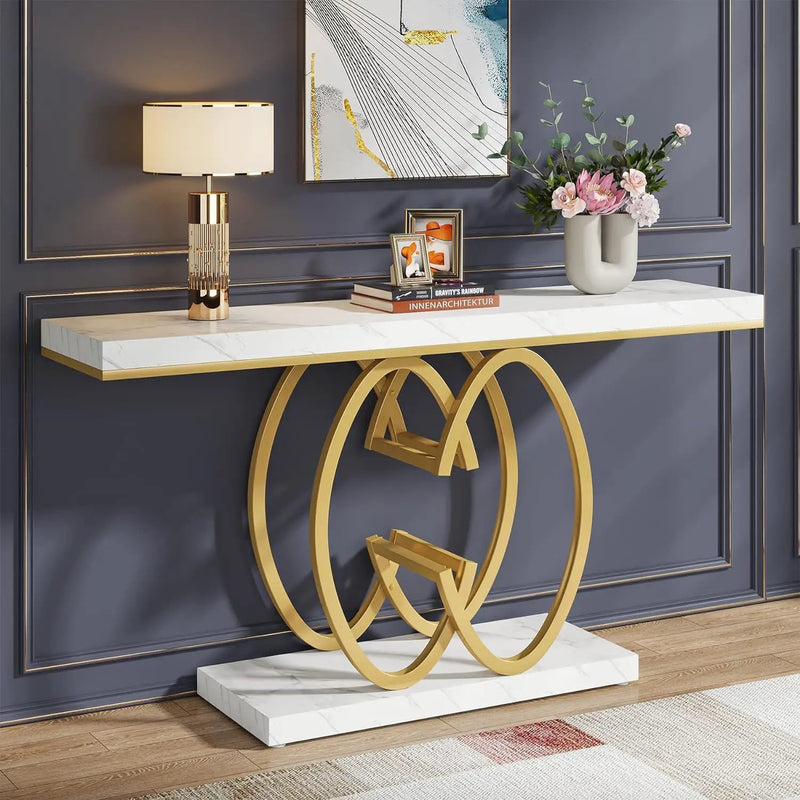 Console Table, Geometric Entryway Table For Living Hallway - White / Gold by HouseOfZazla