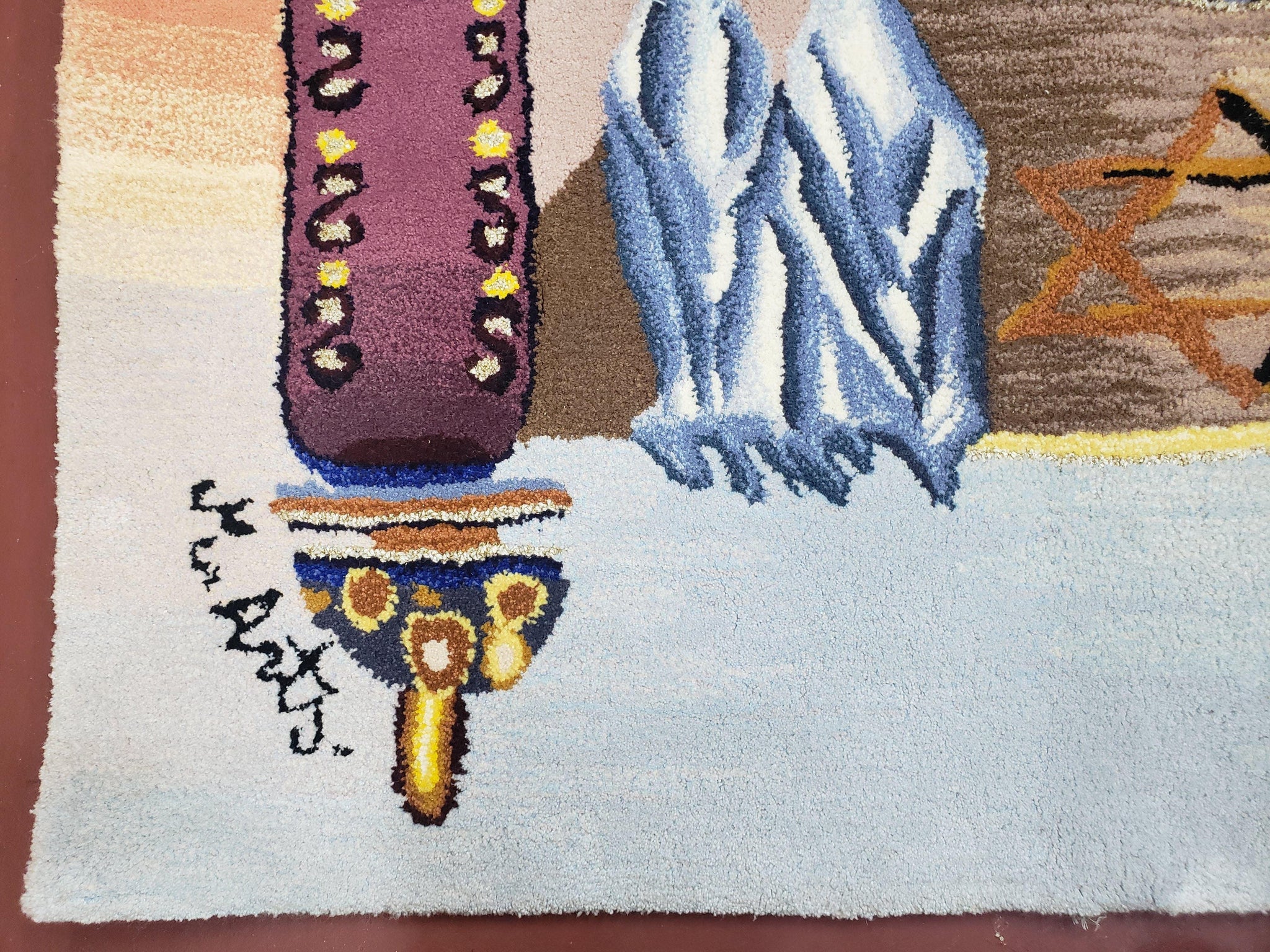 Vintage Judaica Pictorial Rug 3x5, Wool Hand-Tufted Israeli Signed Rug, Jerusalem Rug, Star of David Torah Scroll Verses, Chanuka Gift by Jewel Rugs