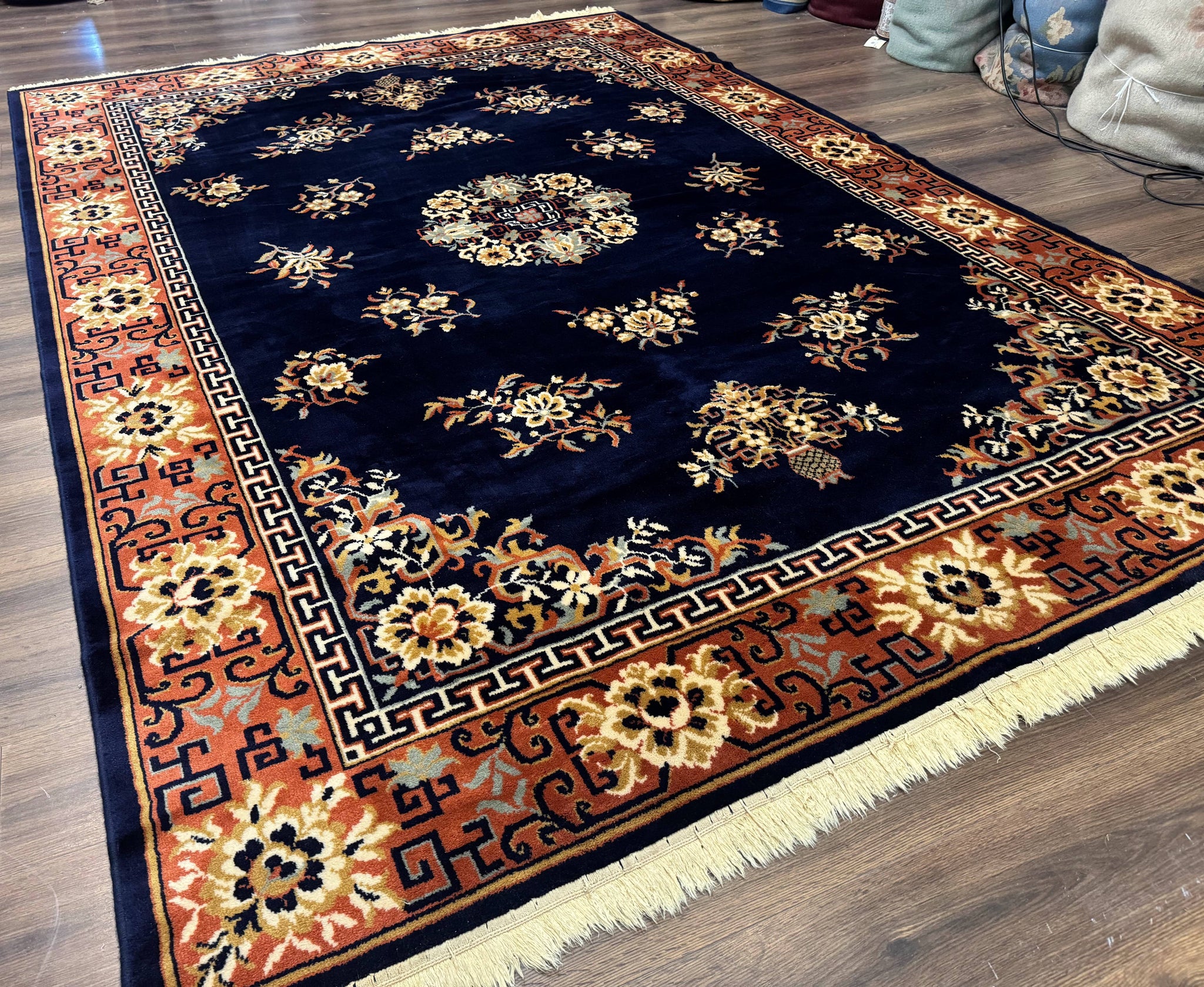 Chinese Wool Rug 8x11, Navy Blue and Terracotta, Floral, Couristan Belgium Power Loomed Carpet by Jewel Rugs