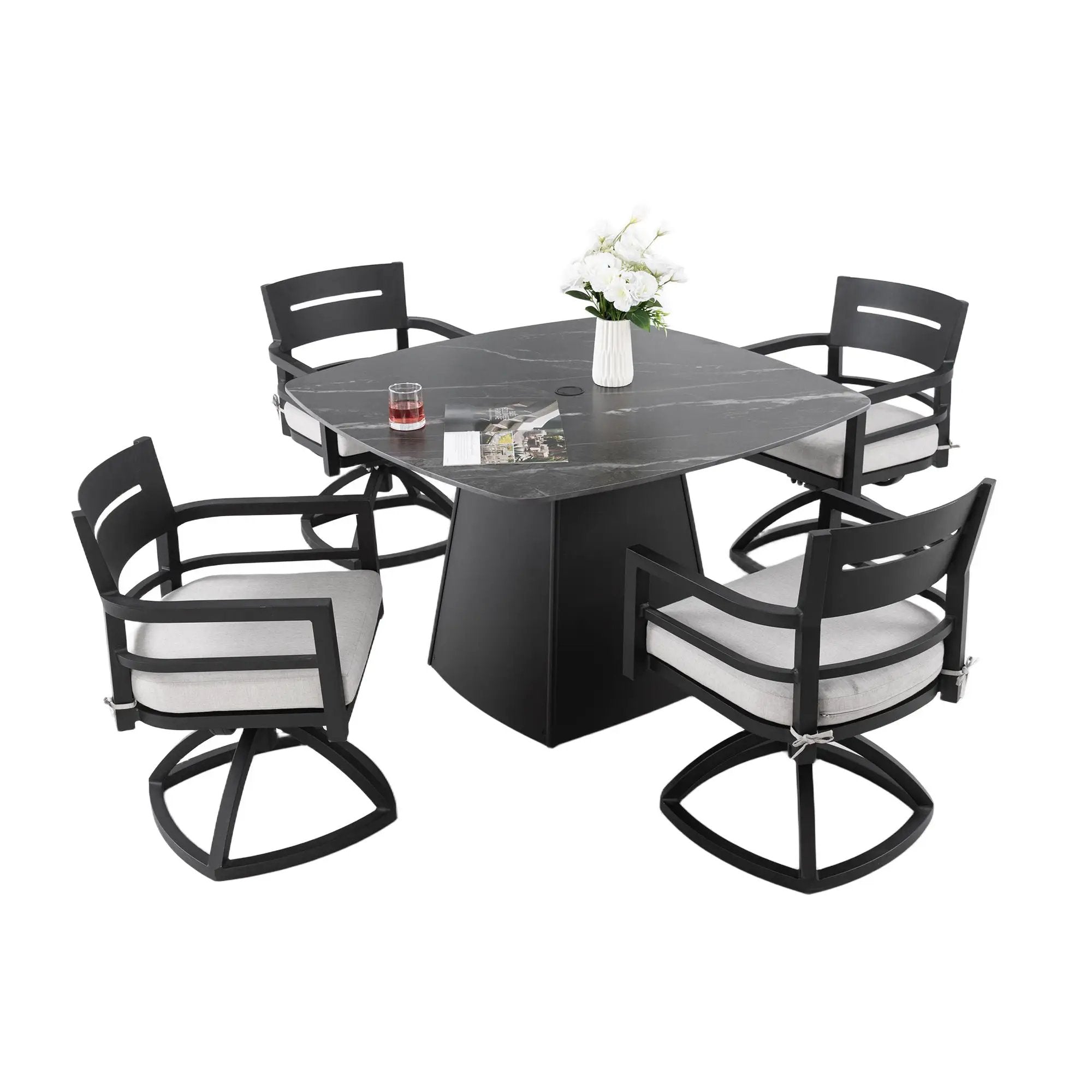 Outdoor Patio Dining Set, Squircle Dining Table, Dining Chairs With Sunbrella Cushions by Unique Piece Furniture