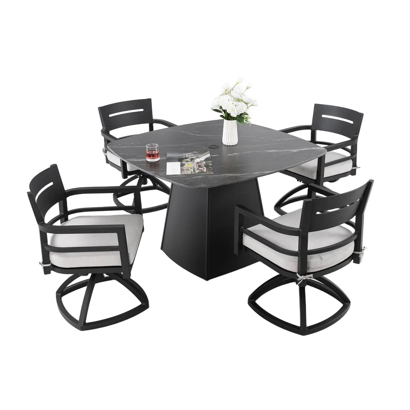Outdoor Patio Dining Set, Squircle Dining Table, Dining Chairs With Sunbrella Cushions by HouseOfZazla