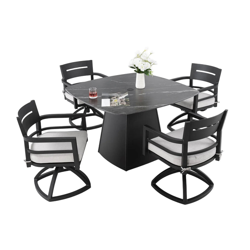 Outdoor Patio Dining Set, Squircle Dining Table, Dining Chairs With Sunbrella Cushions by HouseOfZazla