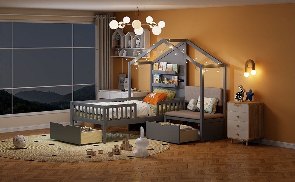 House Bed With Upholstered Sofa, Wireless Charging Station, Shelves And 2 Drawers by HouseOfZazla