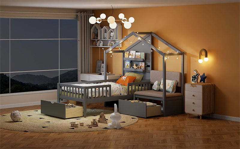 House Bed With Upholstered Sofa, Wireless Charging Station, Shelves And 2 Drawers by HouseOfZazla
