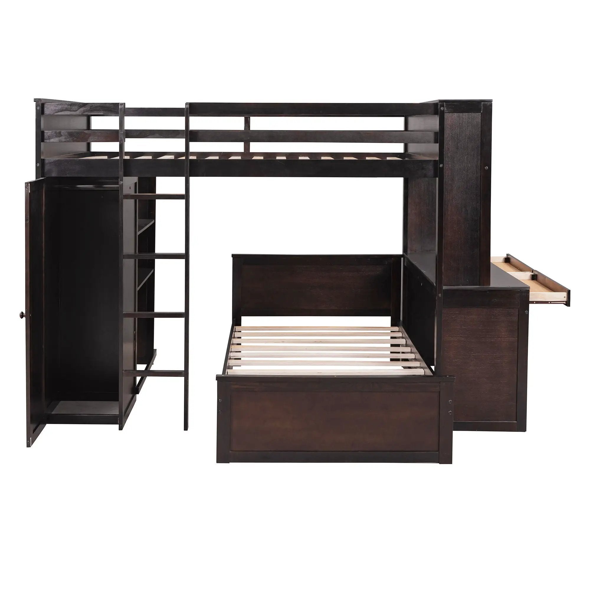 Loft Bed With A Twin Size Standalone Bed, Shelves, Desk, And Wardrobe by HouseOfZazla