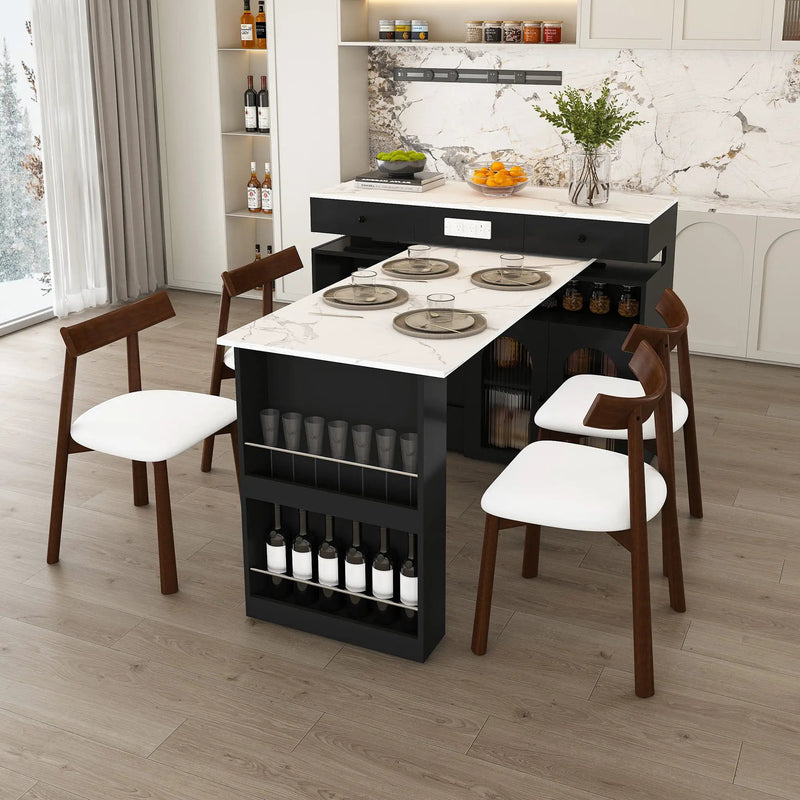 Retro Kitchen Island Set With Chairs, Extendable & Rotating Table, 4 Drawers & Door Cabinets by HouseOfZazla