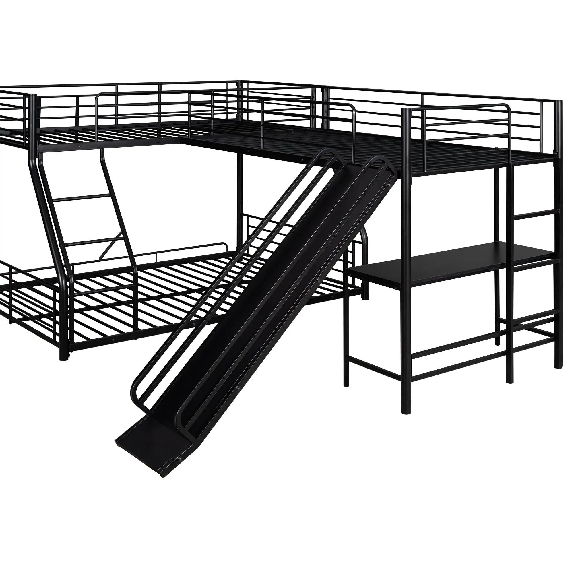 L-Shaped Twin Over Full Bunk Bed With Twin Loft, Built In Desk And Slide - Black by HouseOfZazla