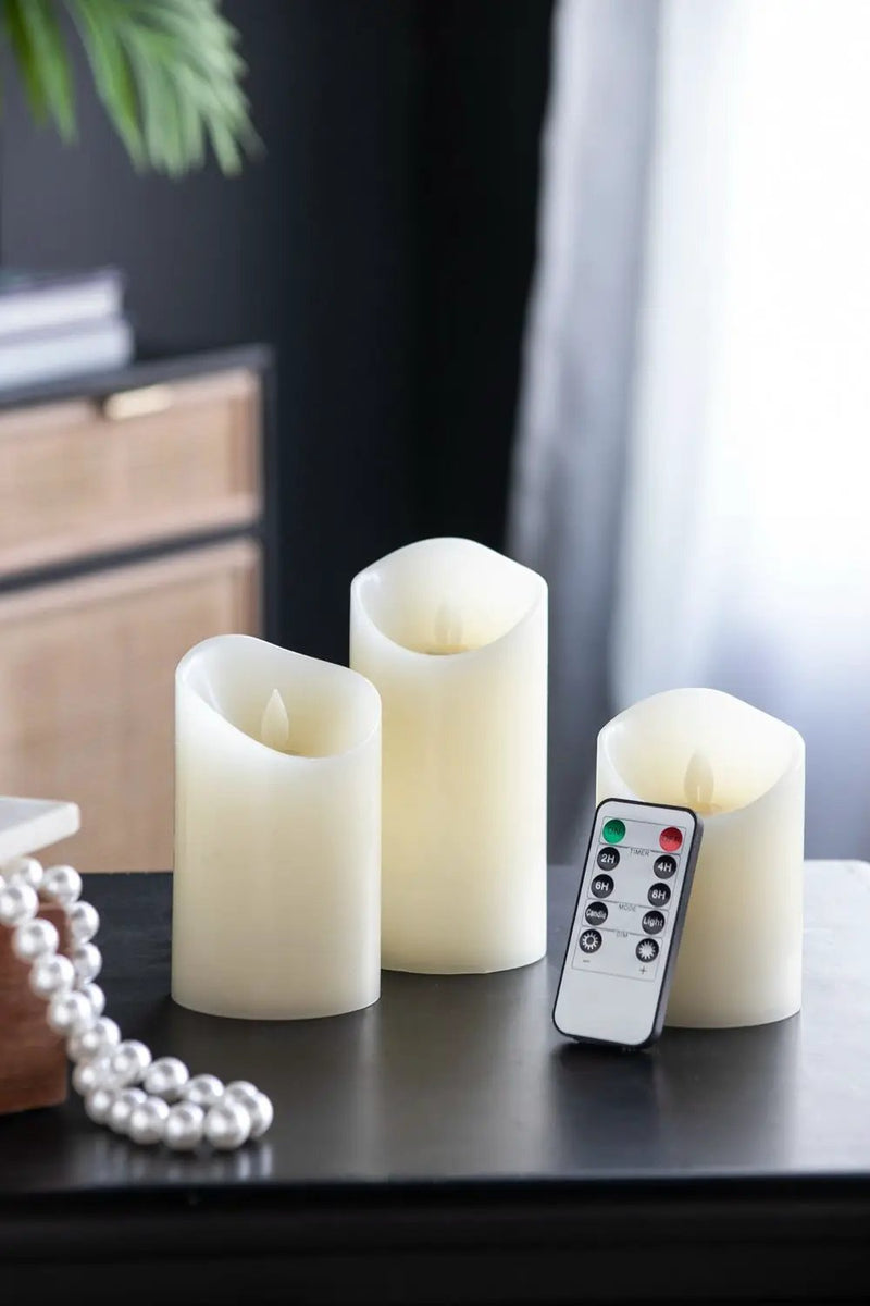 Flickering LED Candles With Remote Timer (Set of 3) - Ivory by Unique Piece Furniture