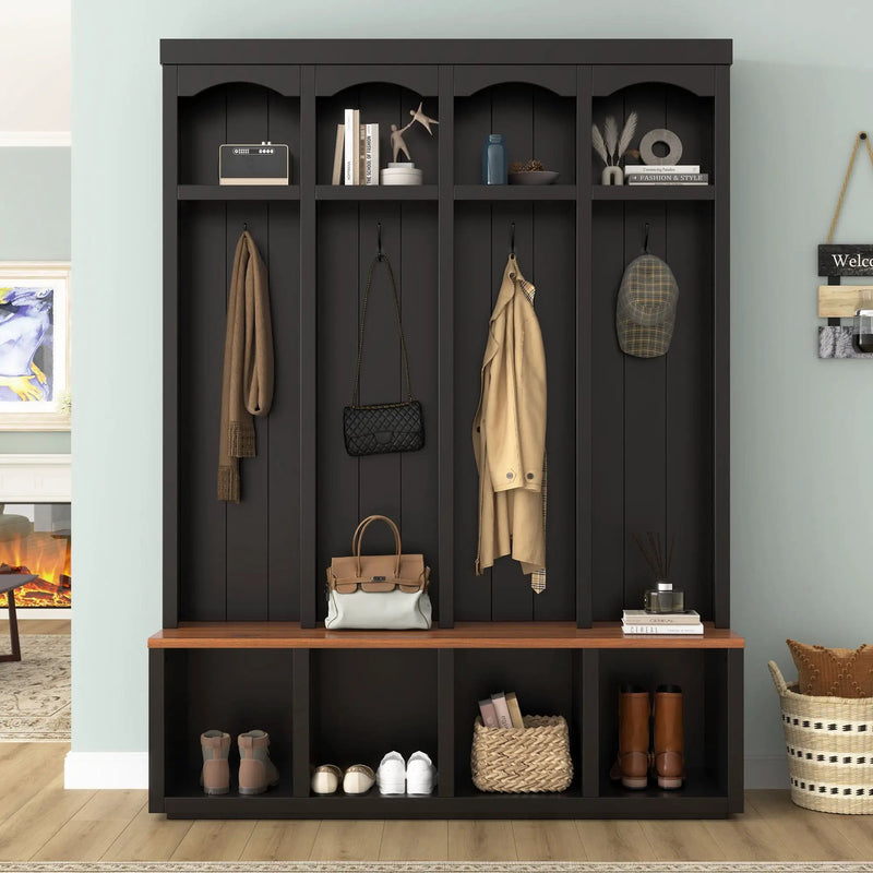 Entryway Hall Tree With Bench, 4 Hooks & Open Storage Space by HouseOfZazla