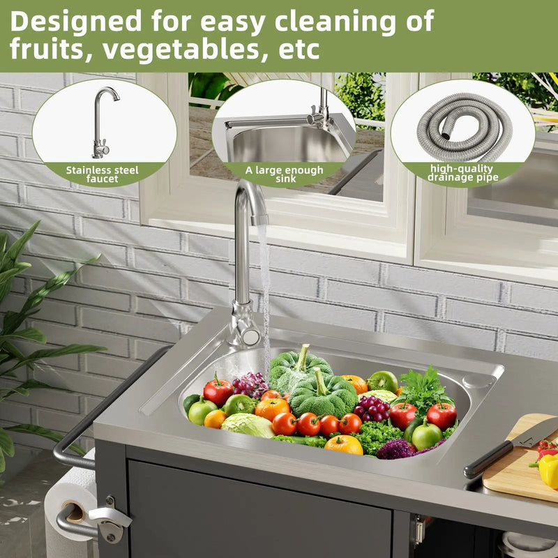 Outdoor Grill Cart With 304 Stainless Steel Sink And Cabinet - Black / Silver by HouseOfZazla