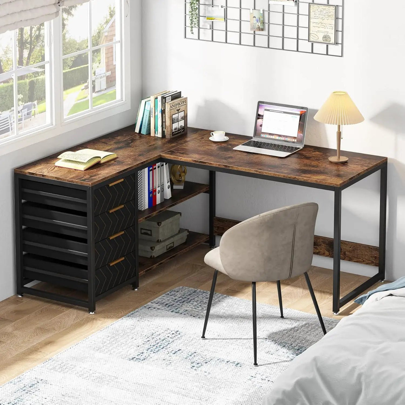 L-Shaped Computer Desk With Drawers And Shelves, Workstation For Home Office by HouseOfZazla