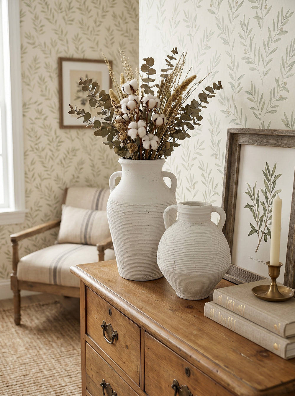 Rustic White Terracotta Tall Vase with Ribbed Texture - White, photo 9 of 10