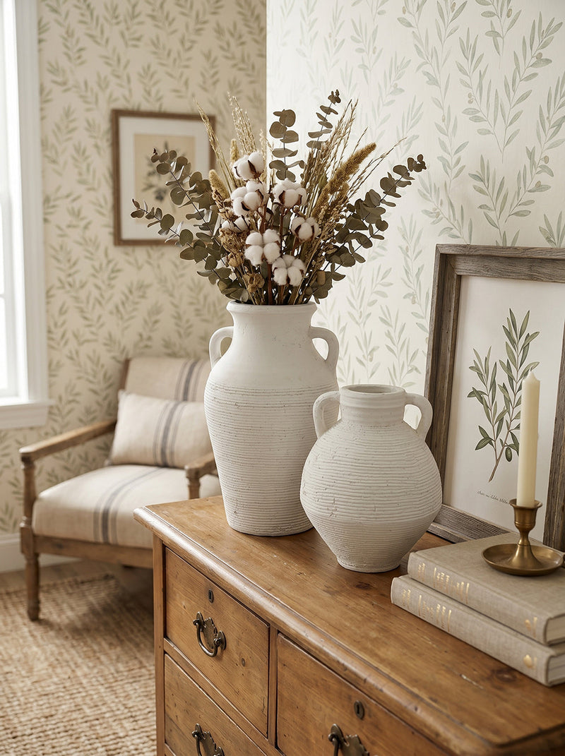 Rustic White Terracotta Tall Vase with Ribbed Texture - White, photo 9 of 10