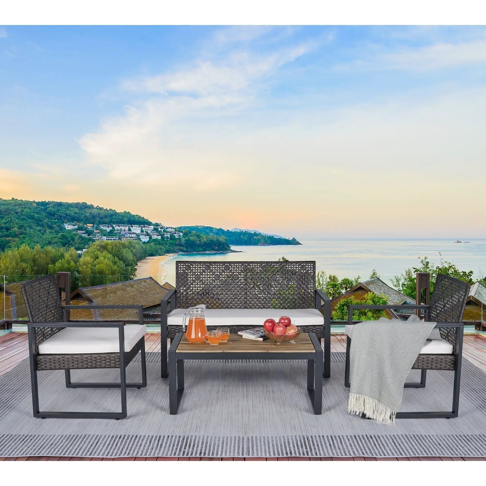 4 Piece Patio Furniture Set With Acacia Wood Table Top And Cushions by HouseOfZazla
