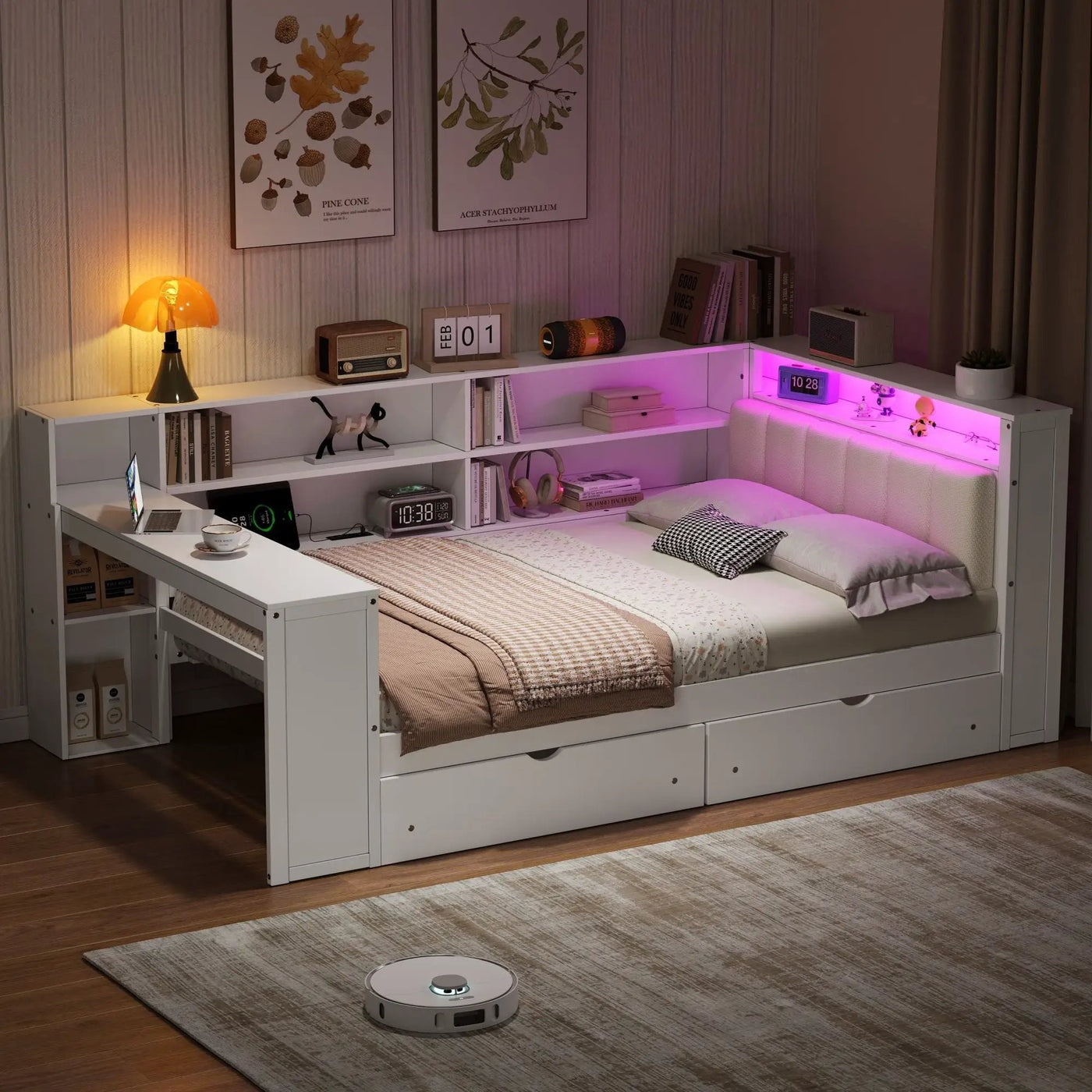 Platform Bed With Storage Shelves, Drawers, Charging Station, LED, Desk by HouseOfZazla