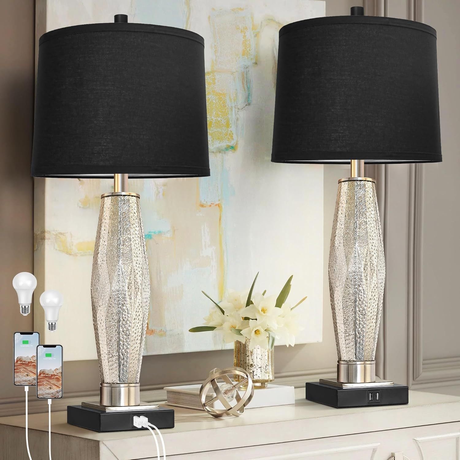 Table Lamps Set of 2 with USB Charging Ports by HouseOfZazla