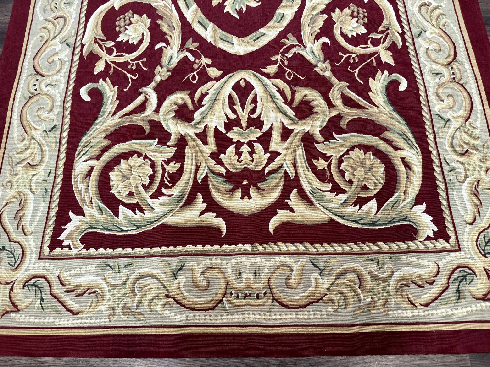 Burgundy Aubusson Rug 6x9, Vintage Wool Carpet by Jewel Rugs