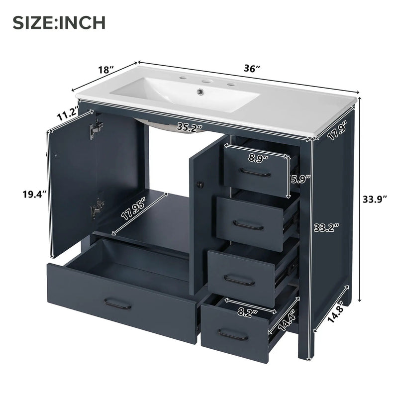 Bathroom Vanity With Ceramic Sink Combo, Abundant Storage Cabinet 2 Soft Close Doors And 5 Drawers by HouseOfZazla