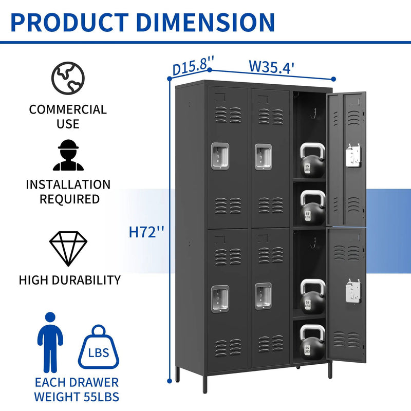 6 Door Lockers With Lock For Secure Storage - Black by HouseOfZazla