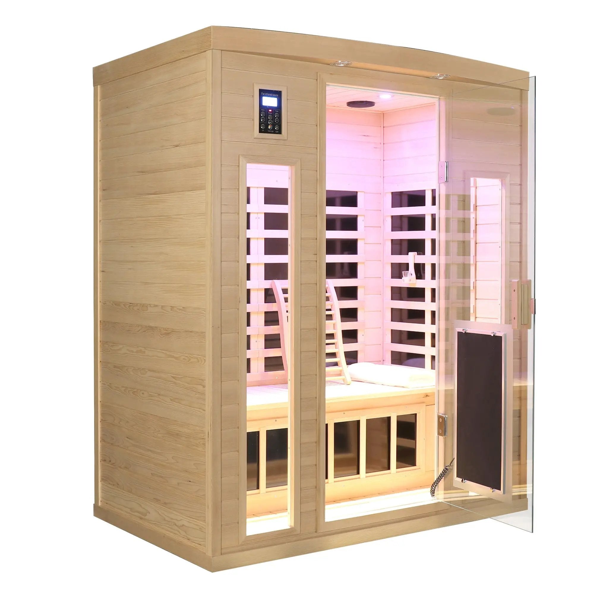 Low EMF, There is also a heating plate on the glass door, Hemlock wood Far-infrared indoor Three person sauna room by HouseOfZazla