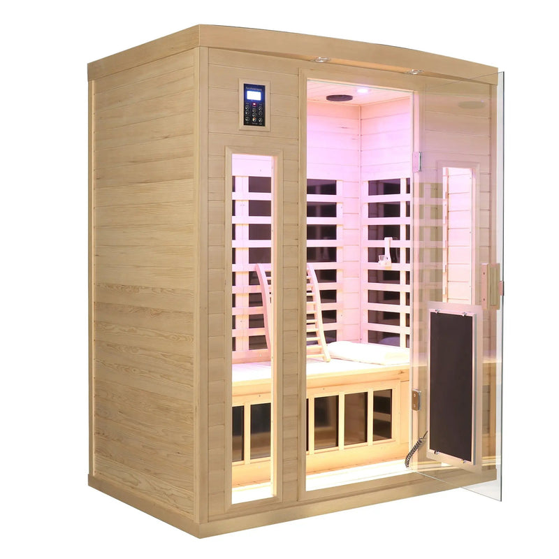 Low EMF, There is also a heating plate on the glass door, Hemlock wood Far-infrared indoor Three person sauna room by HouseOfZazla