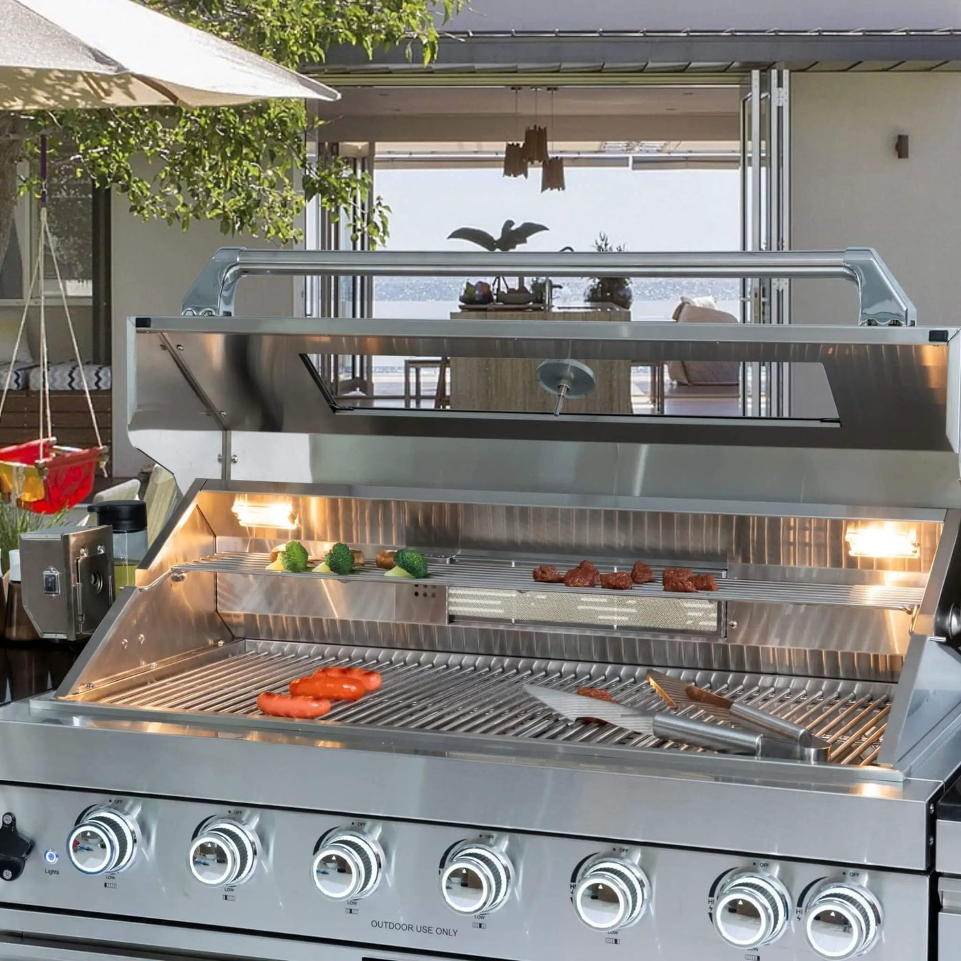 Castelle Flame Verona 44-Inch 6-Burner 85K BTU Stainless Steel Outdoor BBQ Kitchen Grill Island With Wine Cooler, Rotisserie Kit, And Storage Cabinets (SAK97105) by SAKSBY WHOLESALE
