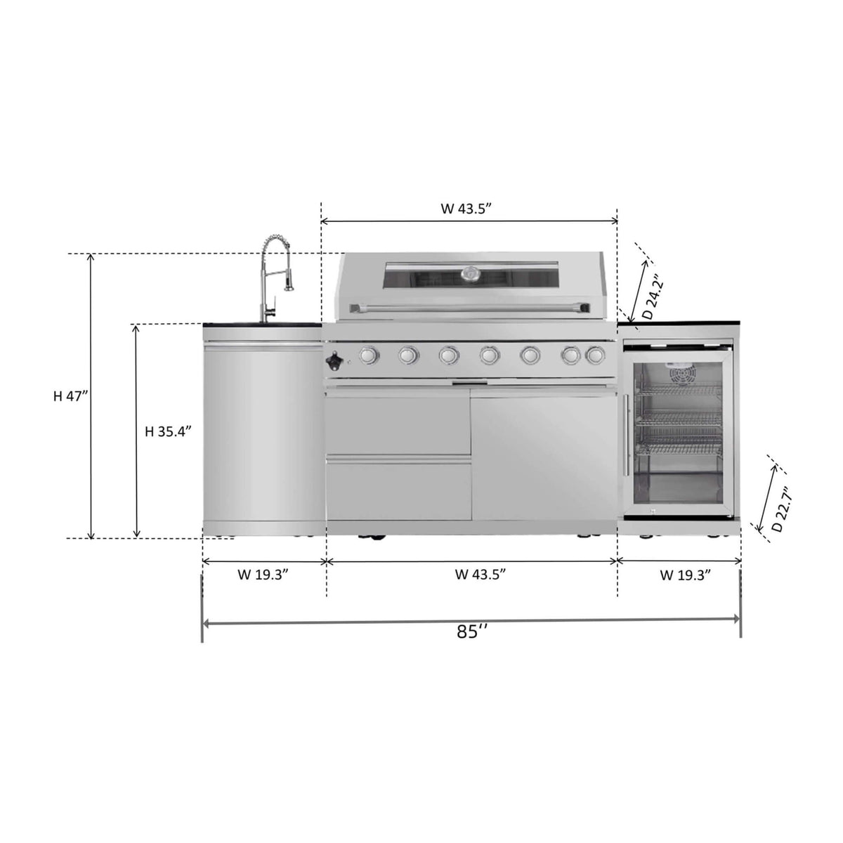 Castelle Flame Verona 44-Inch 6-Burner 85K BTU Stainless Steel Outdoor BBQ Kitchen Grill Island With Wine Cooler, Rotisserie Kit, And Storage Cabinets (SAK97105), dimensions drawing