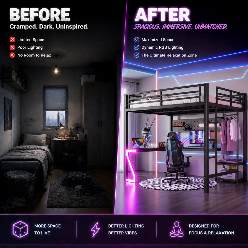 Queen Loft Bed with L-shaped Desk and USB Ports by HouseOfZazla