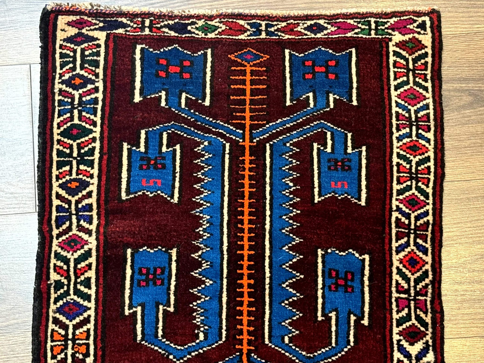Persian Tribal Rug 1.8 x 2, Small Balouchi Rug, Unique Design, Burgundy and Blue by Jewel Rugs