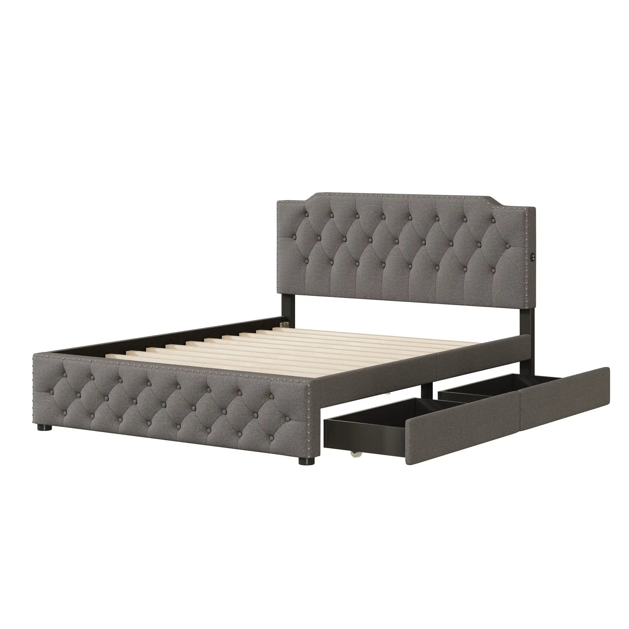 Upholstered Platform Bed With 2 Drawers And 2 Sets Of USB Ports On Each Side, Fabric by HouseOfZazla