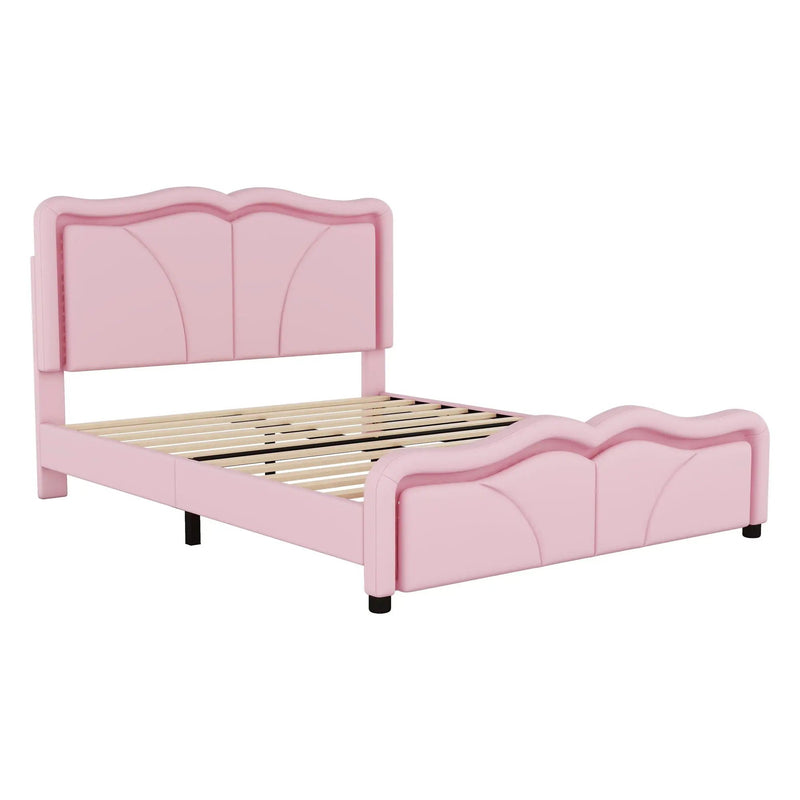 Upholstered Platform Bed & Curve Shaped And Height Adjustable Headboard, LED Light Strips by HouseOfZazla
