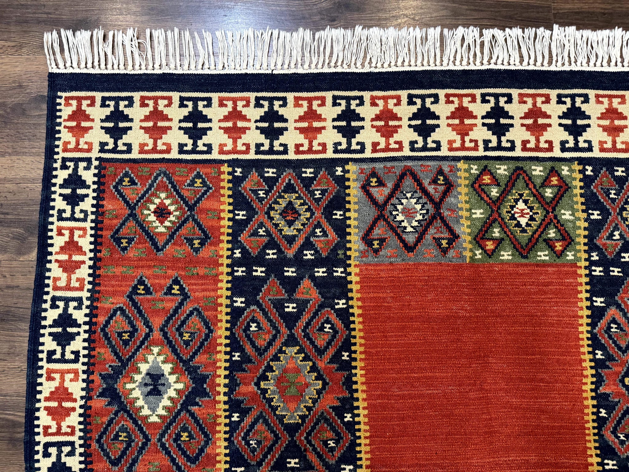 Turkish Kilim Rug 5x8, Flatweave Carpet, Handmade Bohemian Rug, Terracotta and Navy Blue by Jewel Rugs