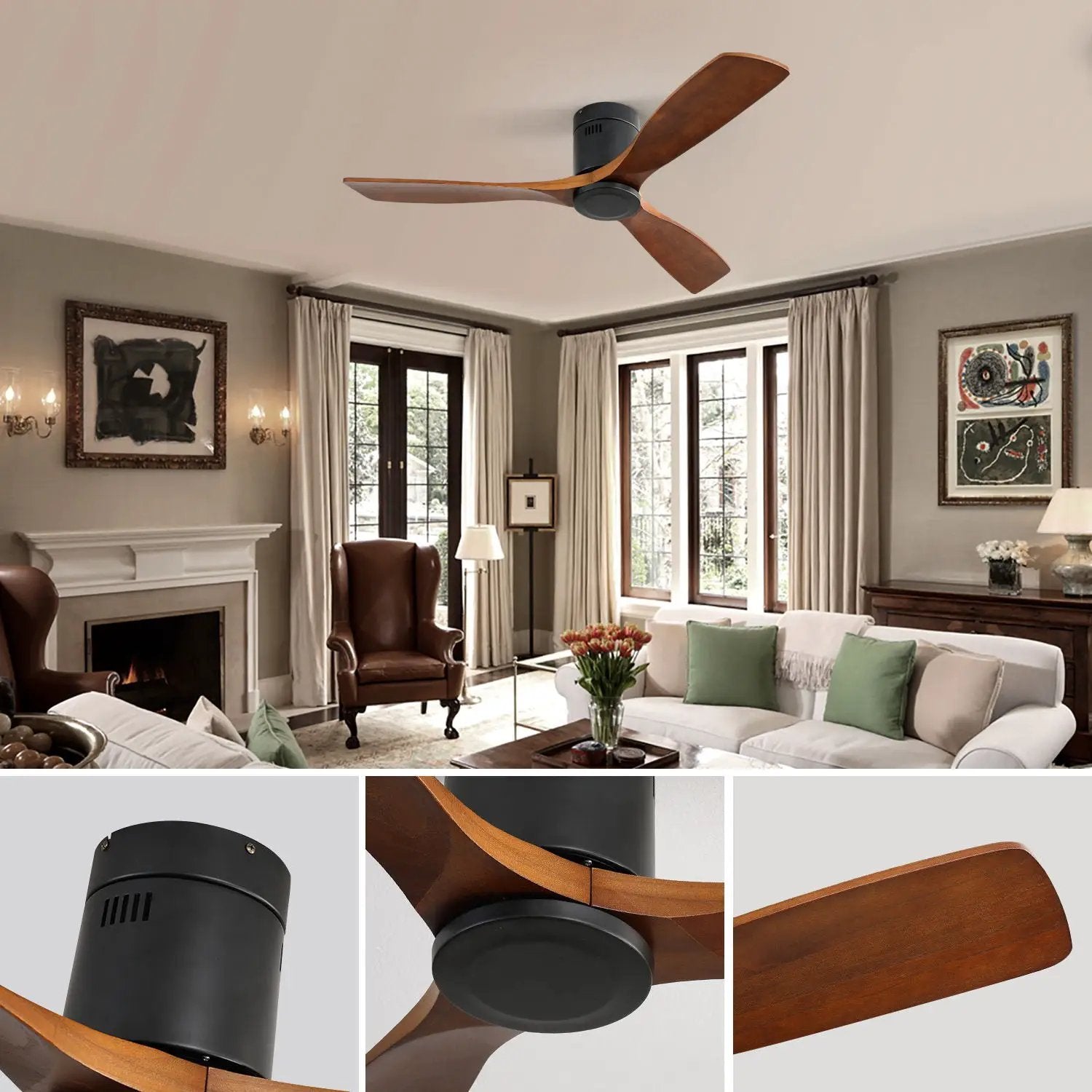 Ceiling Fan With 3 Solid Blades, Remote Controlled Reversible DC Motor - Black by Unique Piece Furniture