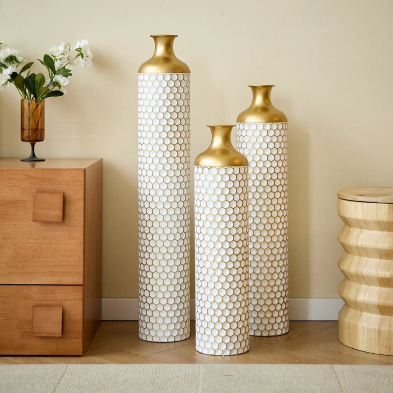 3-Piece Modern Metal Vase Set - White & Gold by HouseOfZazla