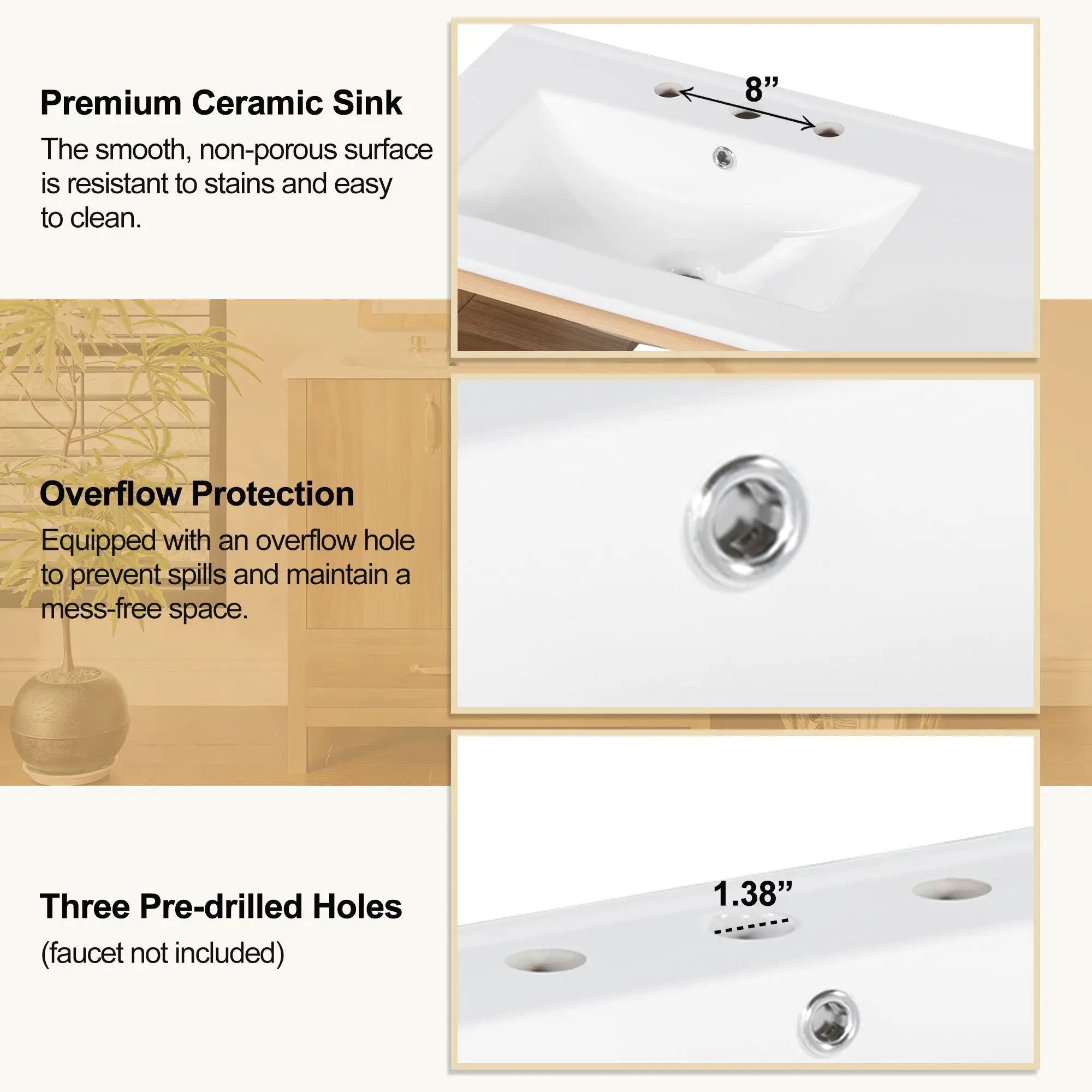 36" Bathroom Vanity, 2 Soft Close Doors, 4 Soft Close Drawers, Adjustable Shelf, Storage Cabinet - Acacia Wood by Unique Piece Furniture