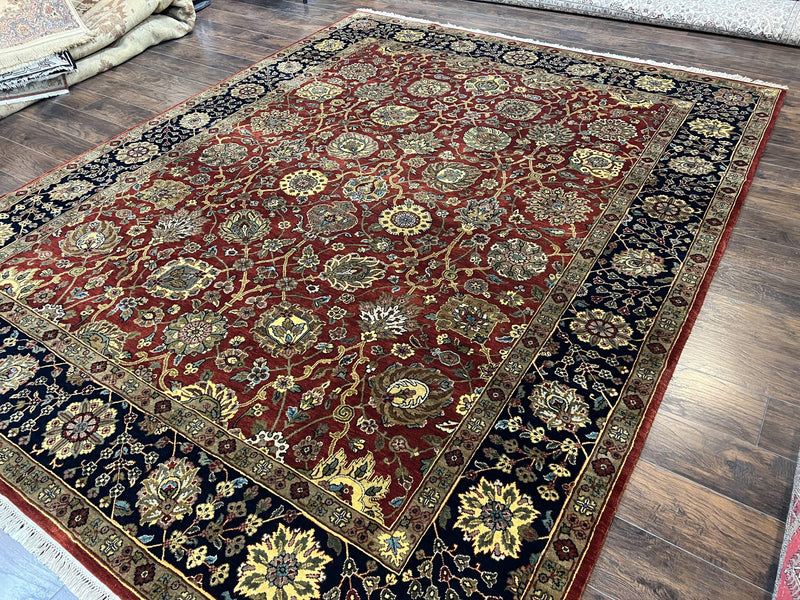 Indo Persian Rug 9x12, Hand Knotted Traditional Indian Wool Oriental Carpet 9 x 12 ft, Maroon and Navy Blue, Floral Allover 9x12 Vintage Rug by Jewel Rugs