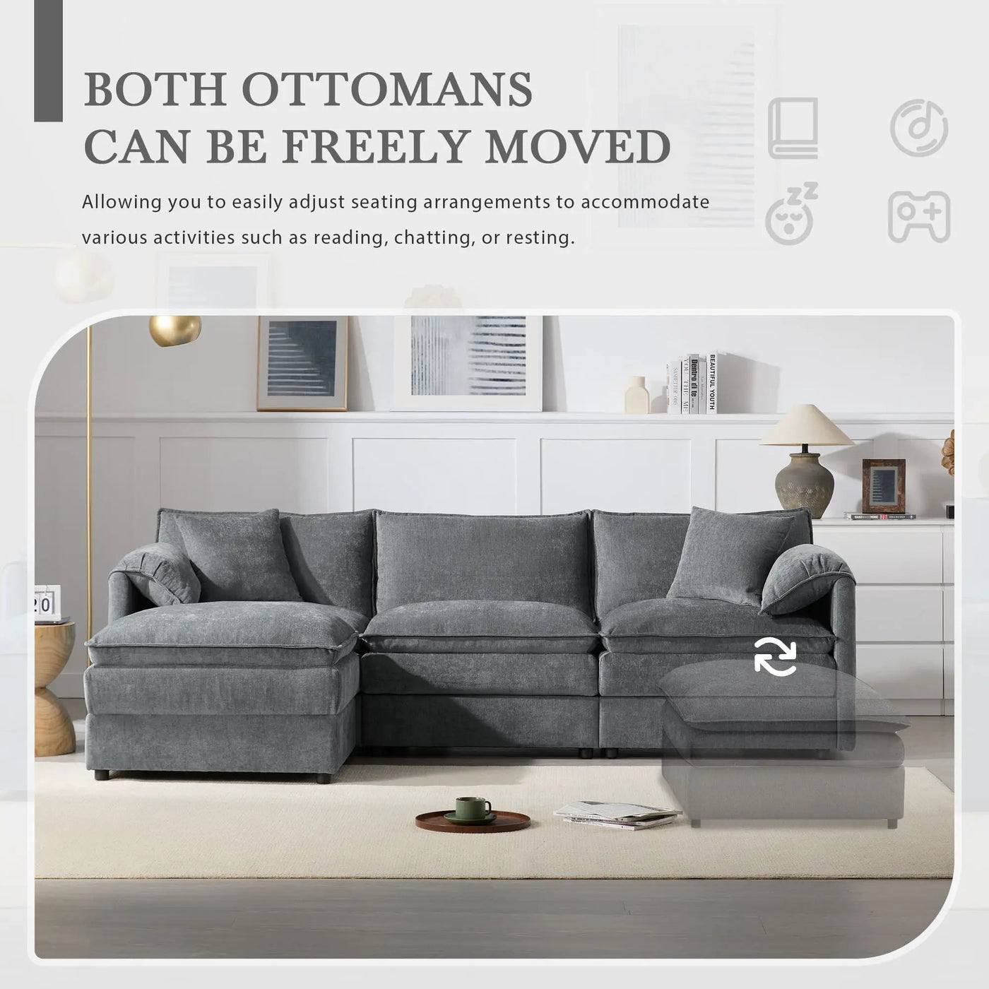Modular Sectional With Deep And Wide Seat, Cloud Couch Set With Double Cushions Sofa With Movable Ottoman by Unique Piece Furniture