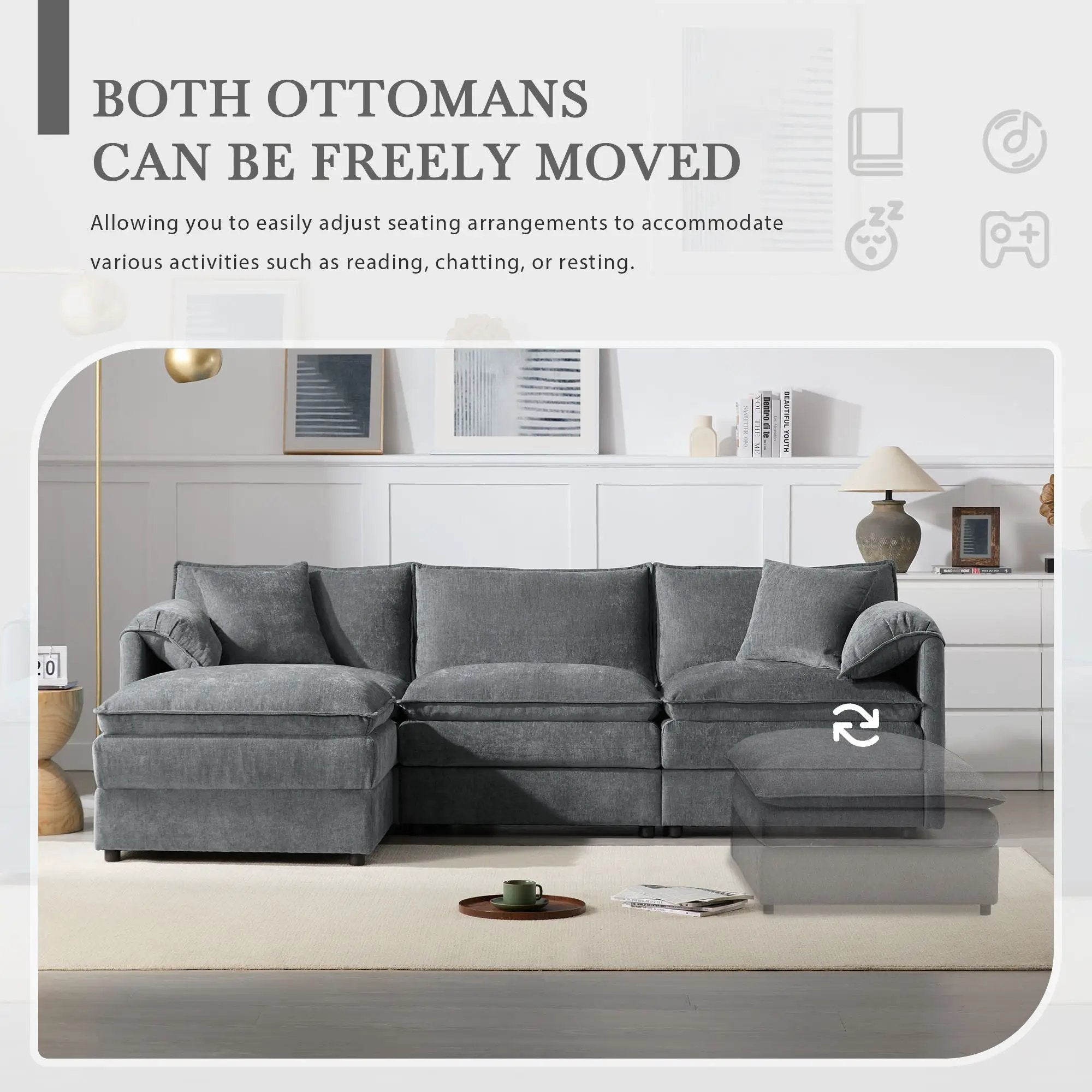 Modular Sectional With Deep And Wide Seat, Cloud Couch Set With Double Cushions Sofa With Movable Ottoman by HouseOfZazla