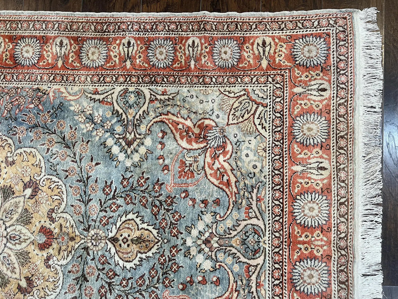 Silk Turkish Rug 5x7, Light Blue Silk Carpet, Floral Medallion, Turkish Kayseri Rug, Vintage Handmade Oriental Rug by Jewel Rugs