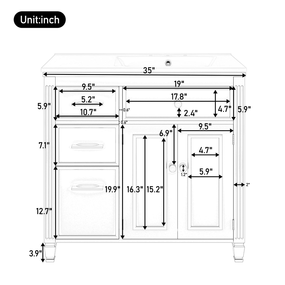 36" Bathroom Vanity with Ceramic Sink and Ample Storage - Blue Gray, Black, White, photo 10 of 10