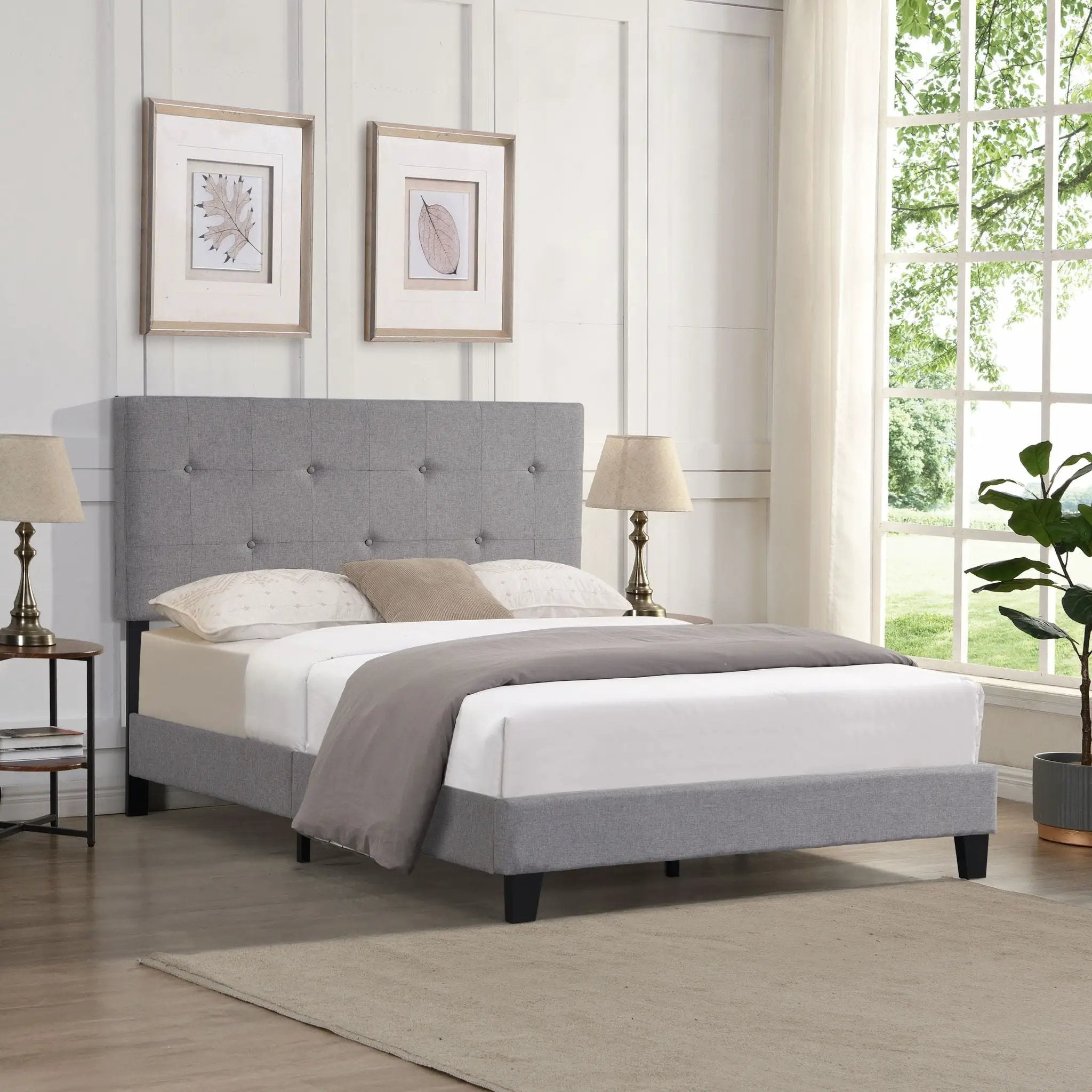 Full Size Upholstered Platform Bed Frame With Modern Button Tufted Linen Fabric Headboard, No Box Spring Needed, Wood Slat Support - Gray by Unique Piece Furniture