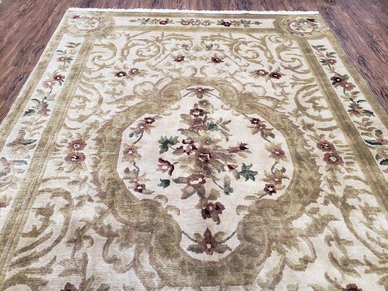 Vintage Nepali Tibetan Aubusson Rug 6x9, Wool Hand-Knotted Cream Beige Carpet, Leaves & Floral Pattern 6 x 9 Soft Area Rug Home Office Rug by Jewel Rugs