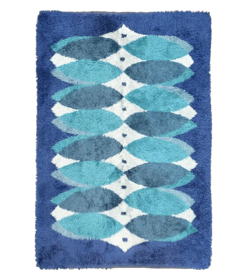 Blue Rya Rug, 1960s Mid-Century Modern Danish Shag Rug 4'6" x 6'7", Ege Rya, Abstract by Jewel Rugs