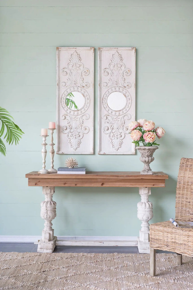 Large Wooden Wall Art Panels With Distressed Round Mirror Accents (Set of 2) - White by Unique Piece Furniture