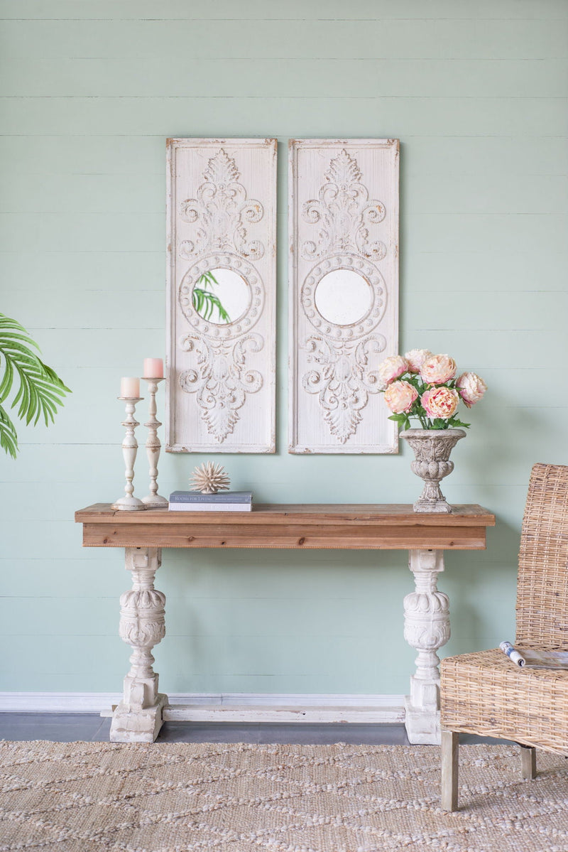 Large Wooden Wall Art Panels with Distressed Round Mirror Accents - White, photo 5 of 12