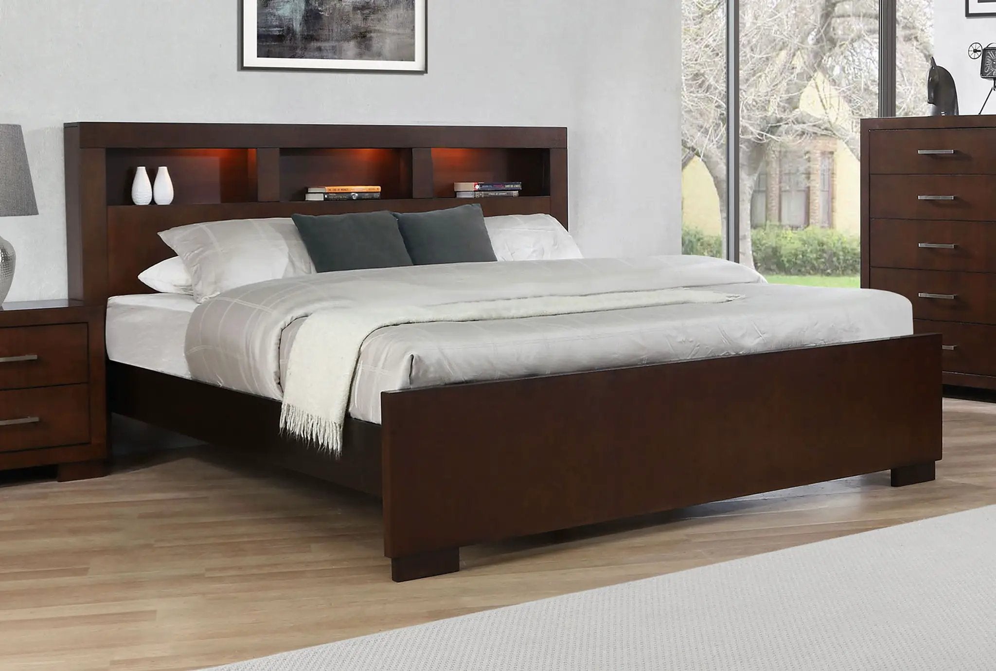 Jessica Wood Queen LED Storage Bookcase Bed Cappuccino by Unique Piece Furniture