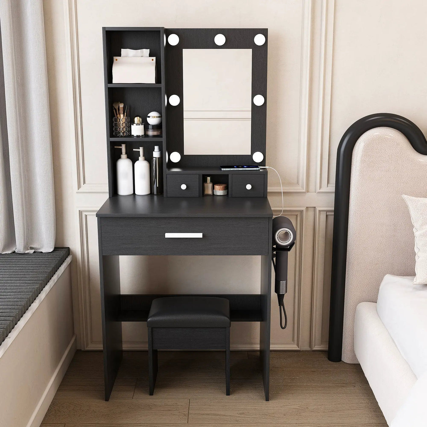 Vanity Table With Mirror, Adjustable LED Lights, Power Outlet, Hairdryer Holder & Stool by HouseOfZazla