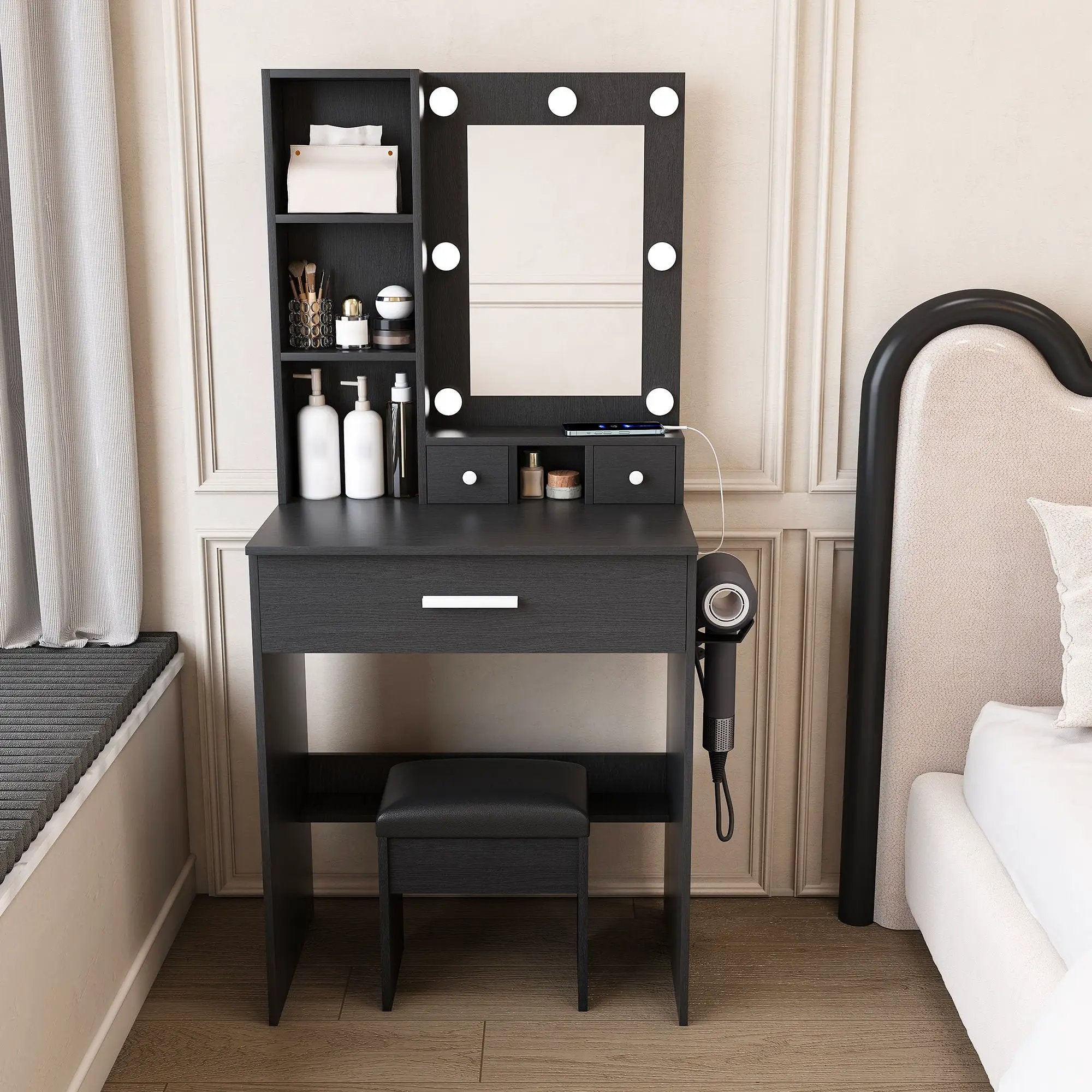 Vanity Table With Mirror, Adjustable LED Lights, Power Outlet, Hairdryer Holder & Stool by HouseOfZazla