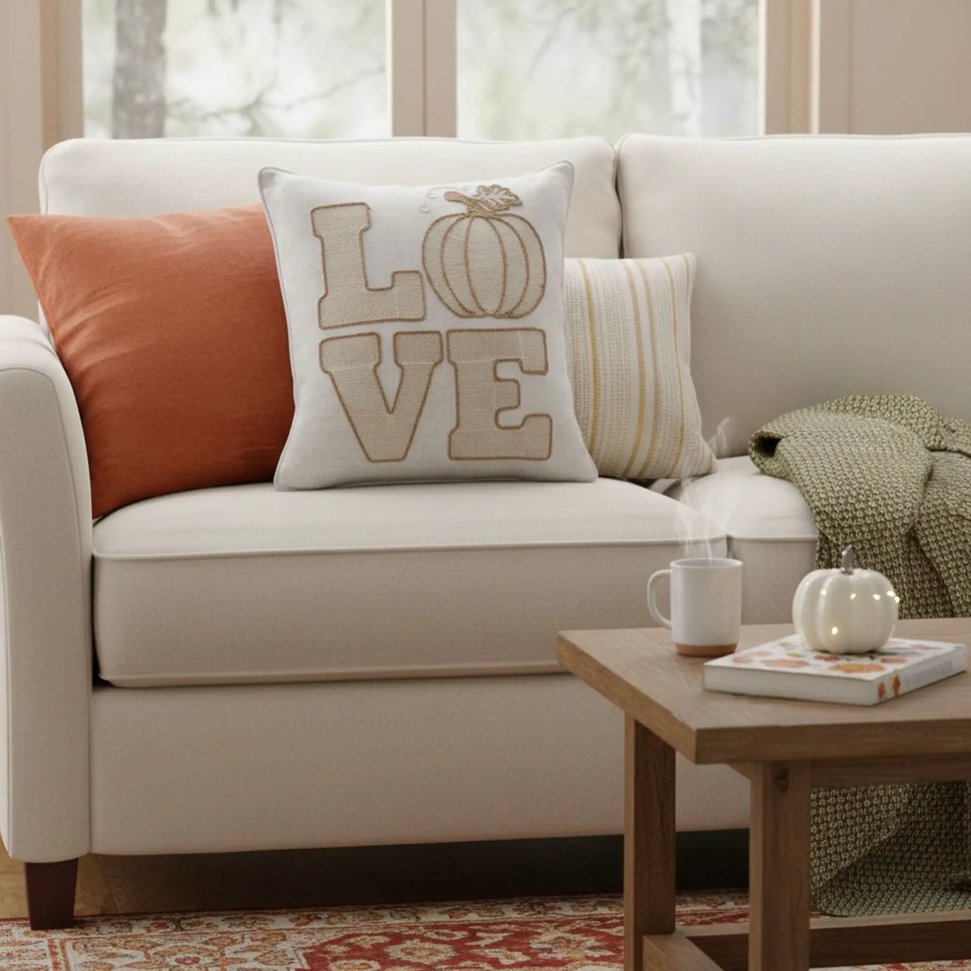 Love Pumpkin Embroidered Throw Pillow - Natural by HouseOfZazla